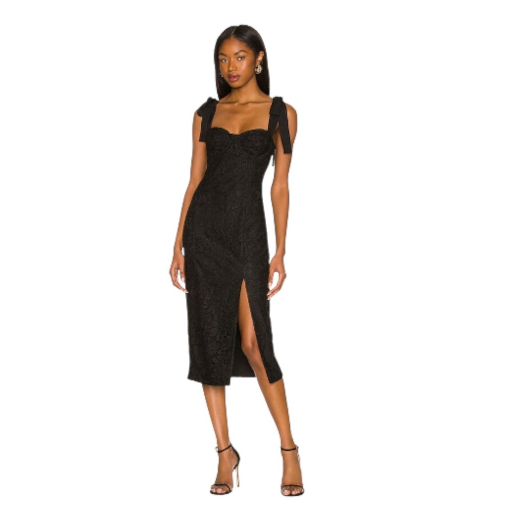 Lovers Friends Mary Kate Lace Midi Dress Black Tie-Shoulder Slit Romantic XL